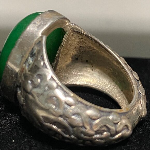 Ring Jade Size 8 Vintage Relief Design Jewelry Sterling Silver Tested - Picture 11 of 13